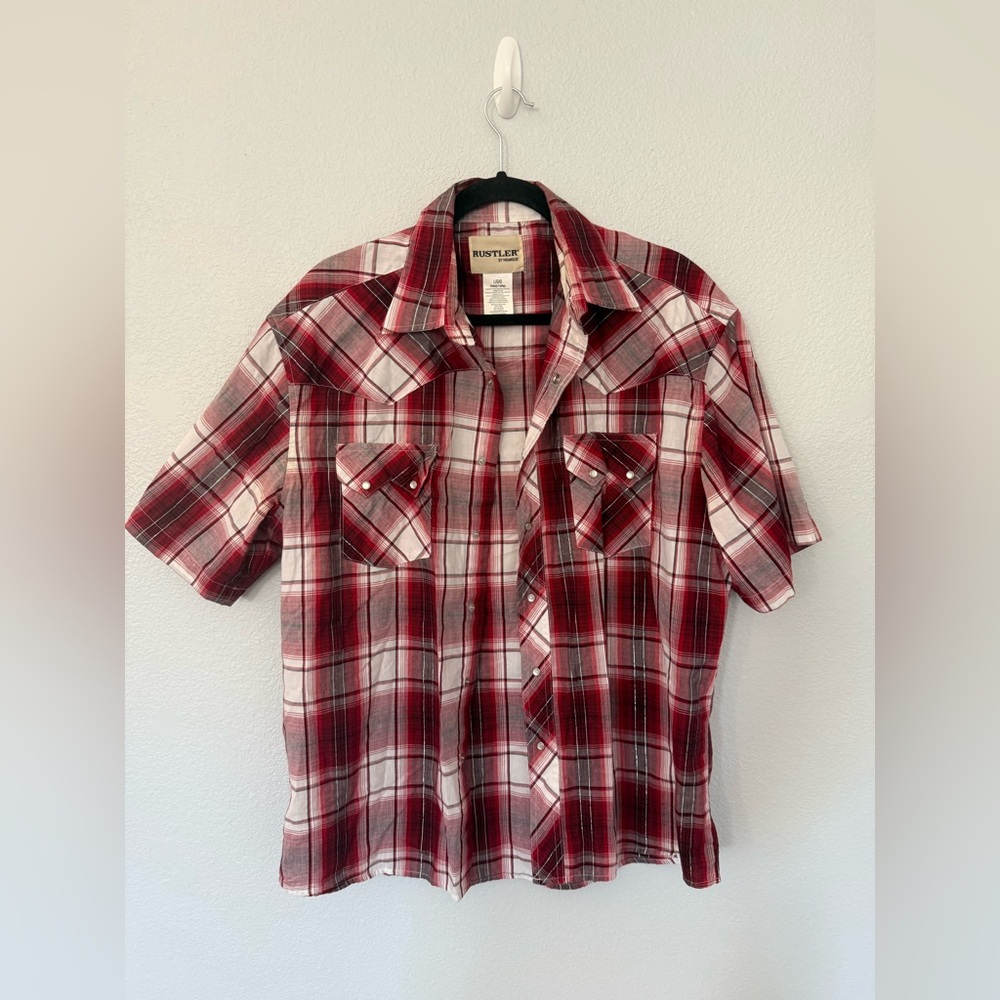 Rustler Red and White Plaid Button Down Shirt Size Large